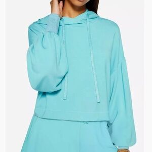Ramy Brook Tatum Hoodie Puff Sleeve Hooded Cropped Sweatshirt Turquoise Medium M